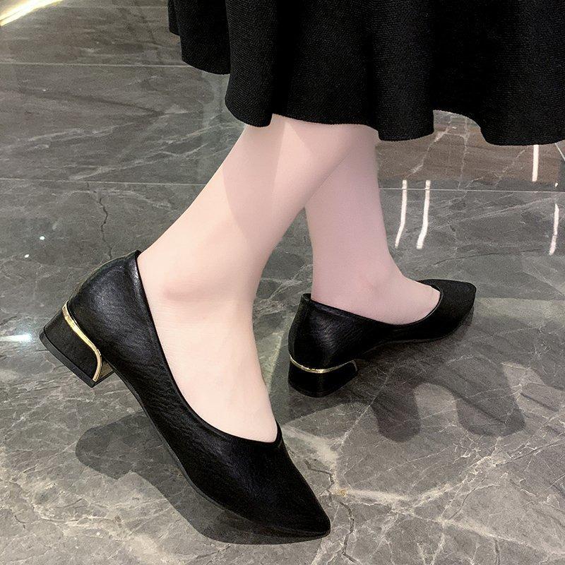 Fashion 2024 Spring and Autumn New Single Shoes Women Thick Heel Pointed Toe Shallow Mouth Professional All-match Women's Leather Shoes