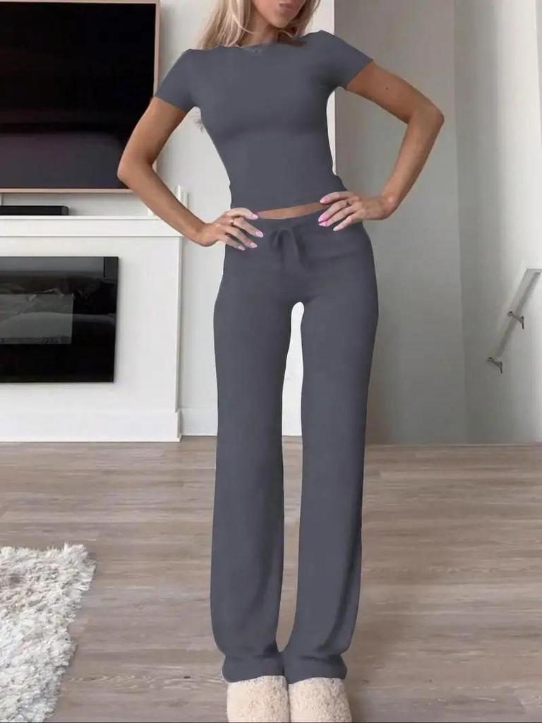 European Cross-border Casual Short-Sleeved Top and Long Pants Activewear Set for Home, Sports, and Yoga.