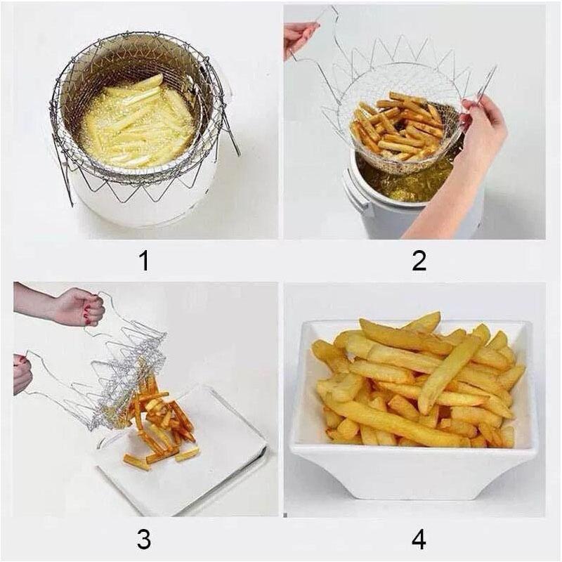 Multifuction Stainless Steel Deep Fry Basket Telescopic Foldable Frying Basket Kitchen Wire Mesh French Chip Frying Serving