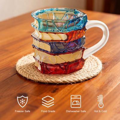 Taza de Libro Pintada a Mano Diseño de Vidrio 3D Novedad Taza de Café de Libros Apilados Regalo Literario para Maestros
