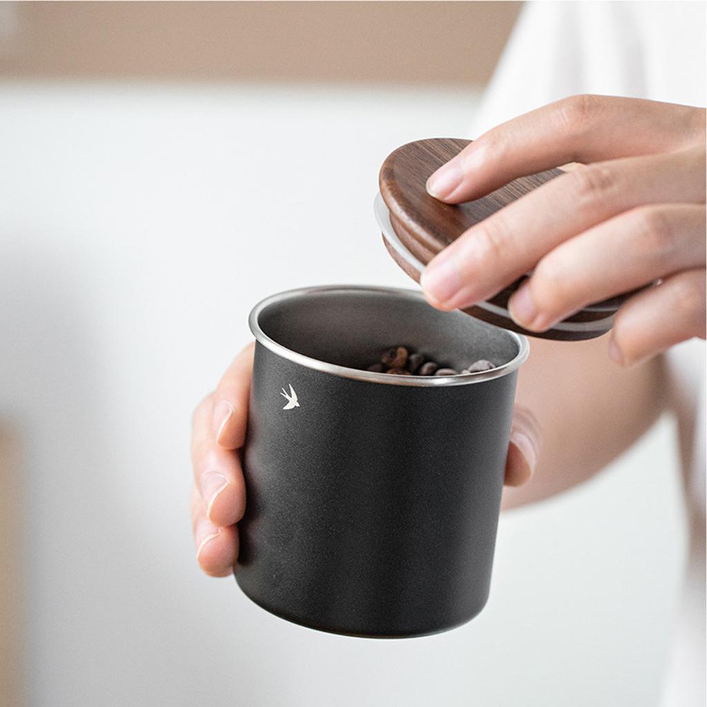 Luftdichter Edelstahl-Kaffeebehälter mit Holzdeckel, Kleines tragbares Kaffeebohnen-Aufbewahrungsglas für die Küche