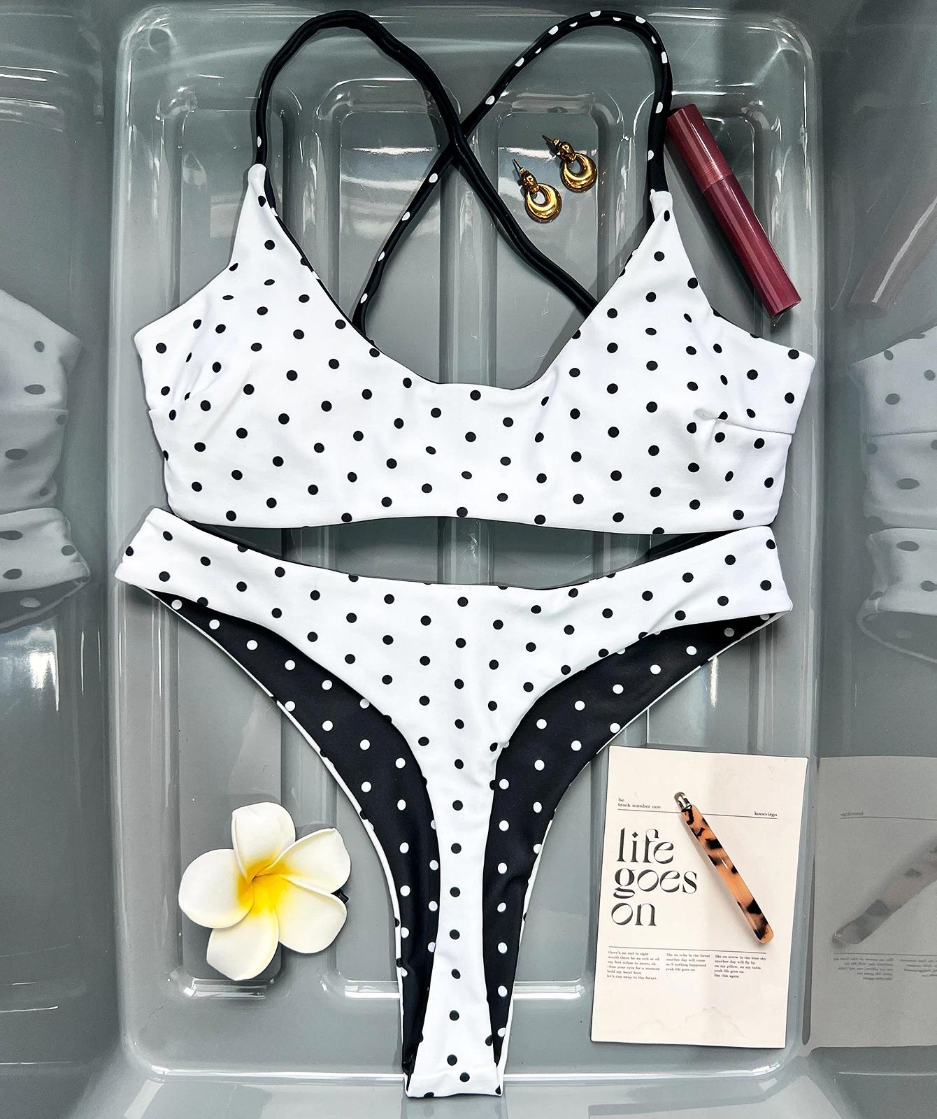 

Женский купальник двусторонний в горошек сексуальный с открытой спиной с низкой посадкой стринги с разрезом пляжная одежда XS белый