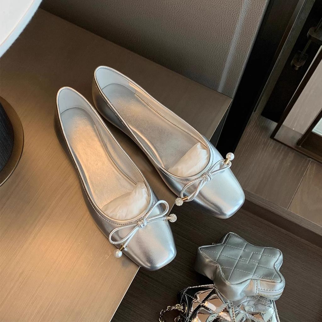 Sheepskin Version~ Pearl Bow Exquisite Silver Ballet Shoes Women's Flat Mary Jane Shoes Leather Light Mouth Single Shoes