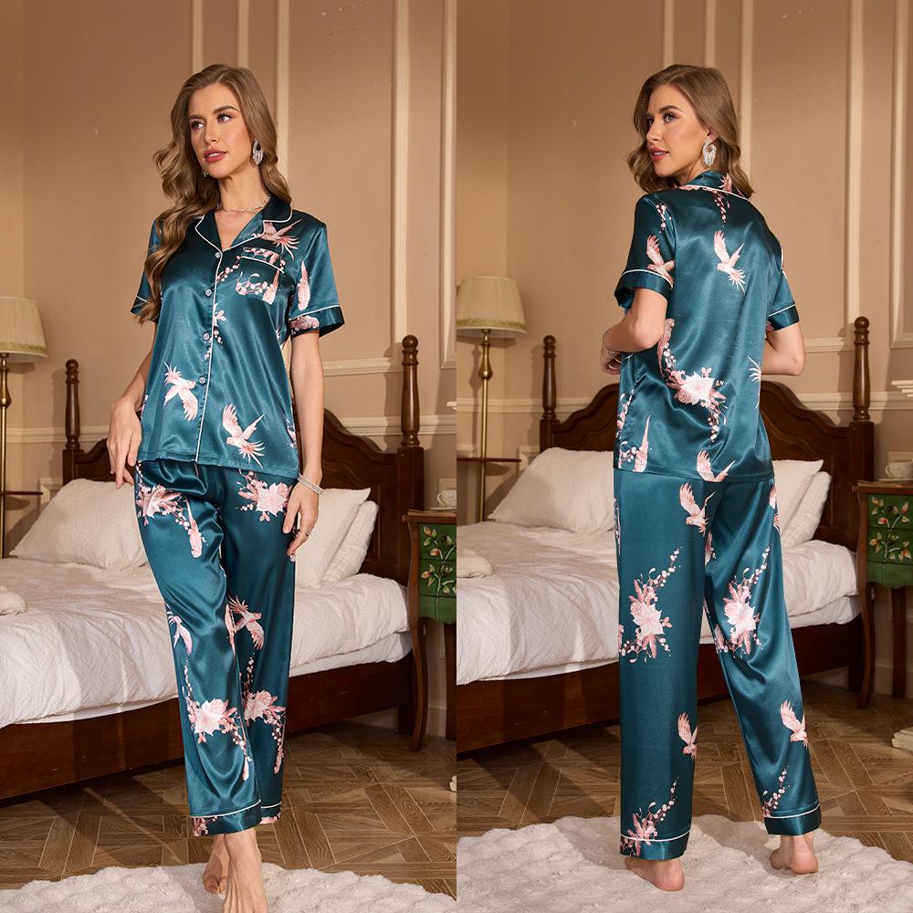 Yaoting Damen Sommer Pyjama Set - Kurzarm, Lange Hose, Modisches Revers, Druckdesign, Lässige Homewear TZ3431