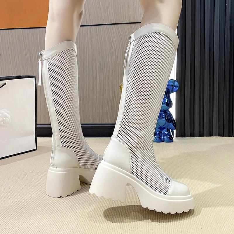 7CM Female Summer Knee-high Mesh High Boots Women ZIP Breathable Mesh Knight Boots Thick Heel Hollow Long Cool Boots Botas Mujer
