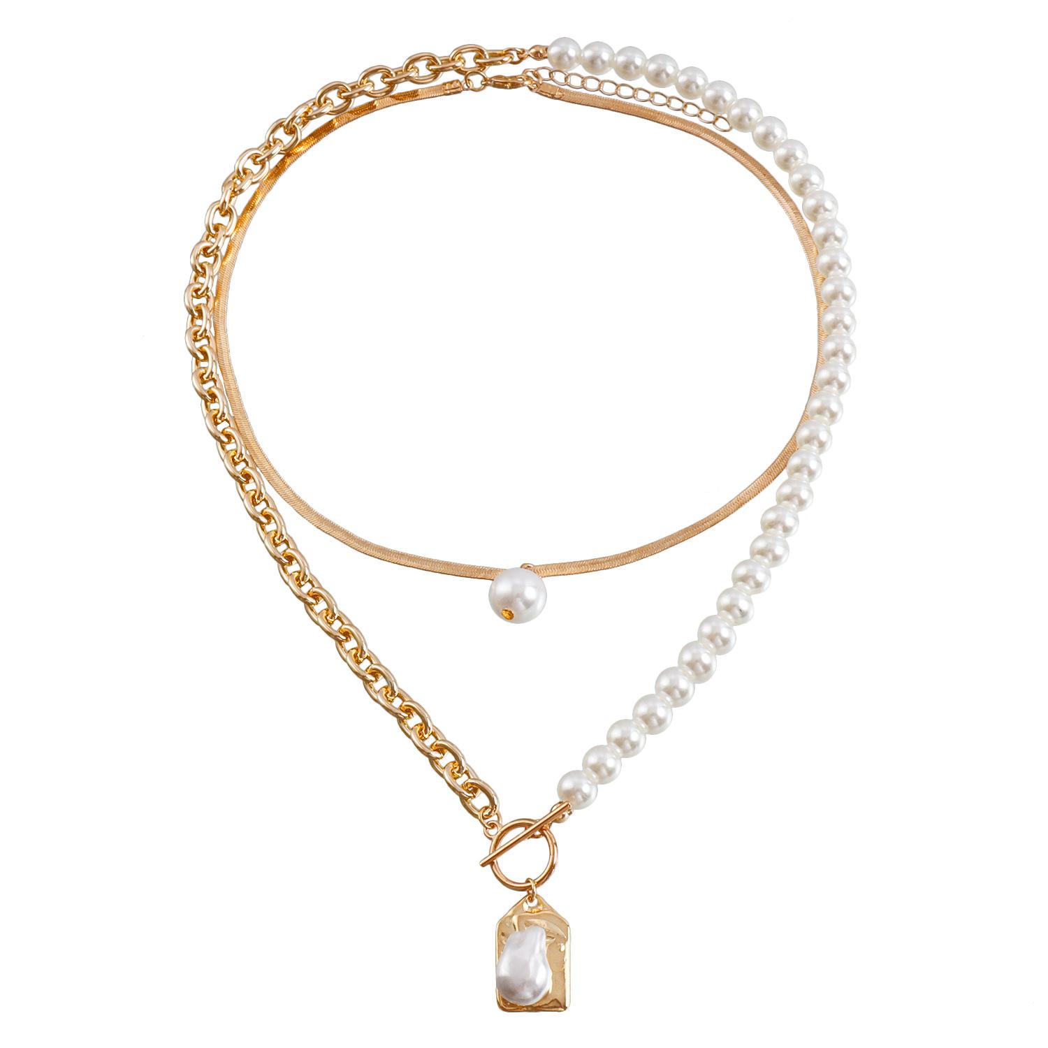 

European and American jewelry retro new flat snake chain baroque imitation pearl necklace female metal portrait pendant necklace золотой