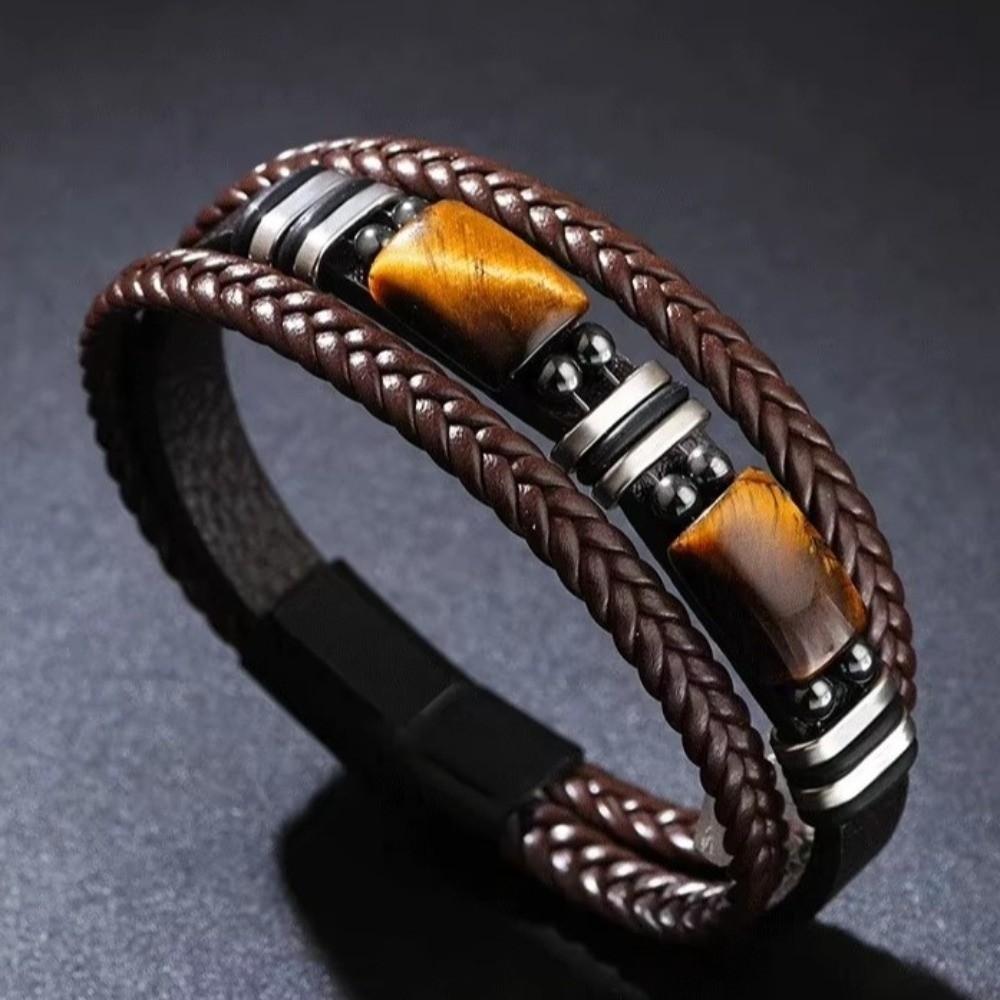 Adjustabl Leather Bracelet Multi-Layer Beaded Bracelet Tiger Eye Stone Bracelet  Unisex