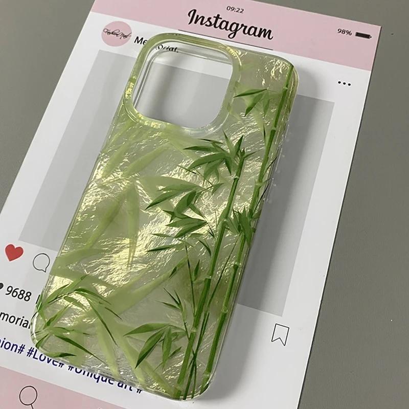 

Chinese Green Bamboo Feather Texture Phone Case for iPhone 17 16 15 14 13 12 11 16E Series Pro Max Plus Double Layer Protection iphone 16 Pro