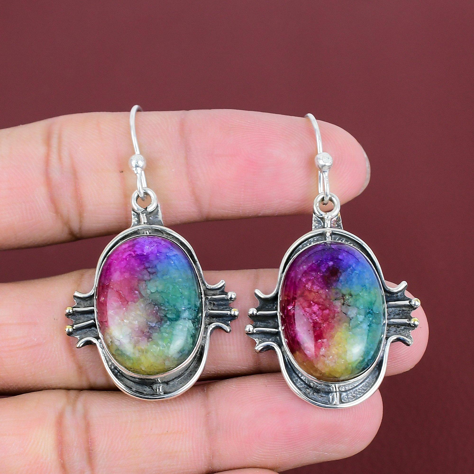 Rainbow Solar Quartz Druzy Earrings Gemstone Handmade Earring 925 Sterling Silver Earrings Antique Jewelry Gifts For Mom Birthstone Earring