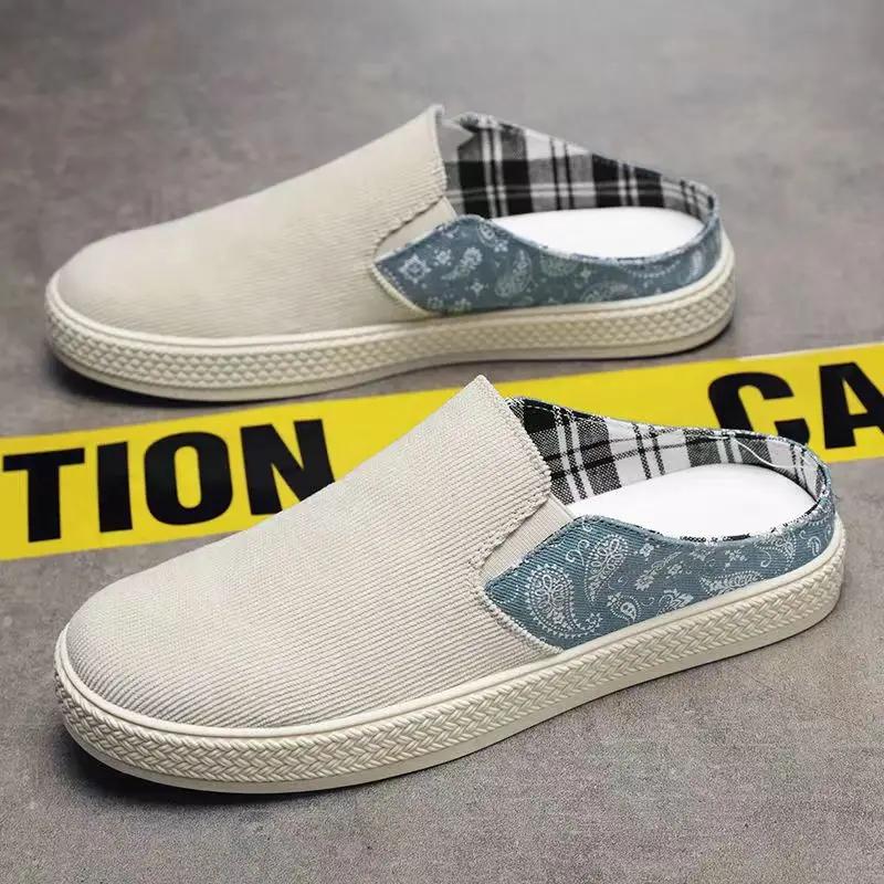 Mule Homme Été Nouvelles Chaussures Décontractées Demi-Mules Toile Respirante Semelle Souple Chaussure de Marche Légère Chaussures Vulcanisées