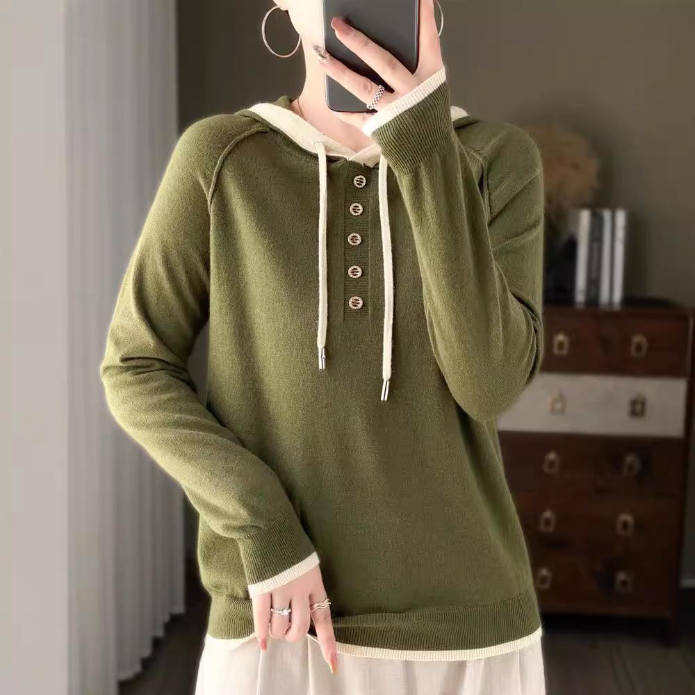 Jesienna i zimowa bluza z kapturem damska dzianinowa, blokowanie kolorów, pół wiązanie na guziki, luźna, swobodna, prosta, ściągana u dołu sznurkiem