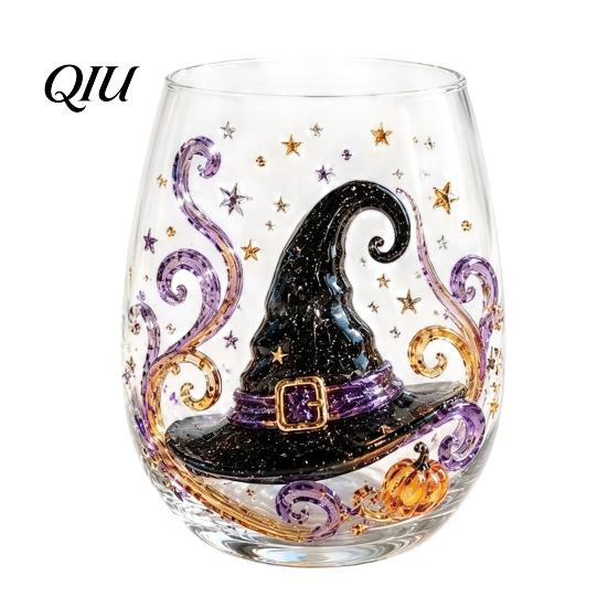 Totenkopf Design Dekorative Tasse Halloween Handwerkskunst Glaswaren, Fledermaus/Zaubererhut/Vogelscheuche/Krähe Handbemalter Kelch, 420ml Bleifreies Transparentes Glas