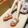 Fashion Aphixta 2025 New Summer Flat Platform Orange Slippers Women Sandals Luxury Crystals Shoes 5cm Chunky Sole Cool Slides