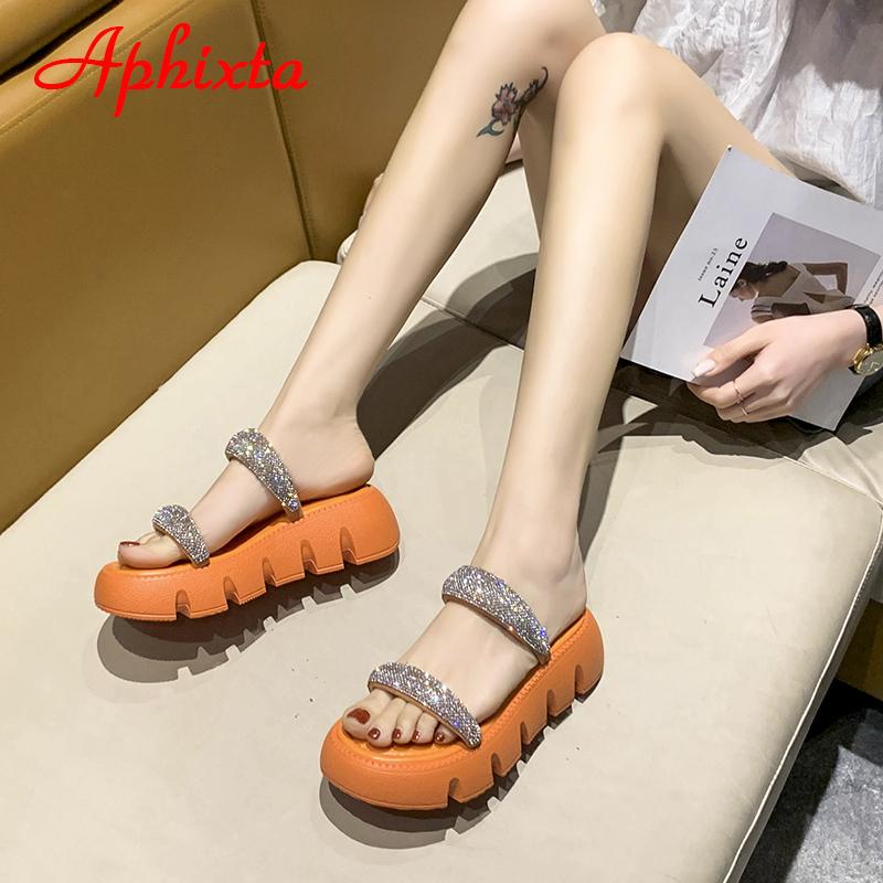 Fashion Aphixta 2025 New Summer Flat Platform Orange Slippers Women Sandals Luxury Crystals Shoes 5cm Chunky Sole Cool Slides