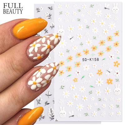 5D Flower Daisy Embossed Stickers Nail Sliders Floral Design Self Adhesive Nail Art Decals Decoration