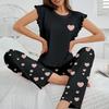 Summer Pijama Women Graphic Print Pajamas Set Short Sleeve Crew Neck Tops Elastic Waistband Pants Women's Black Sleepwear Loungewear Pj