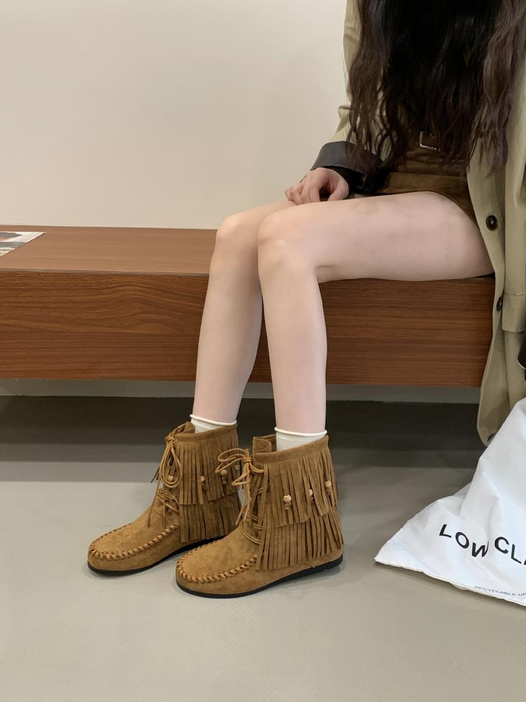 2025 autumn new retro strap fringed boots bosmian flat bottom short boots women
