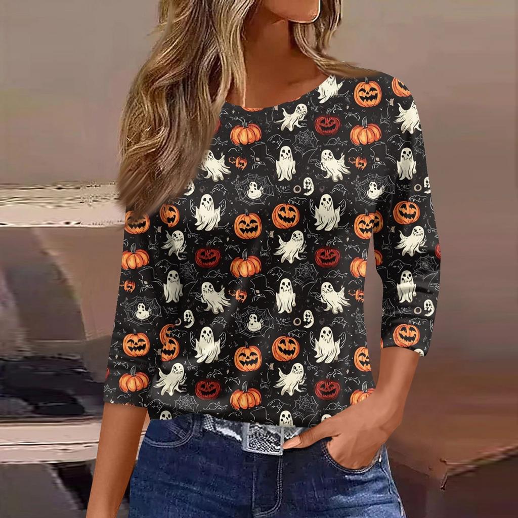 Women's Fashion Casual Round Neck 3/4 Sleeve Loose  Printed T-Shirt Ladies Top