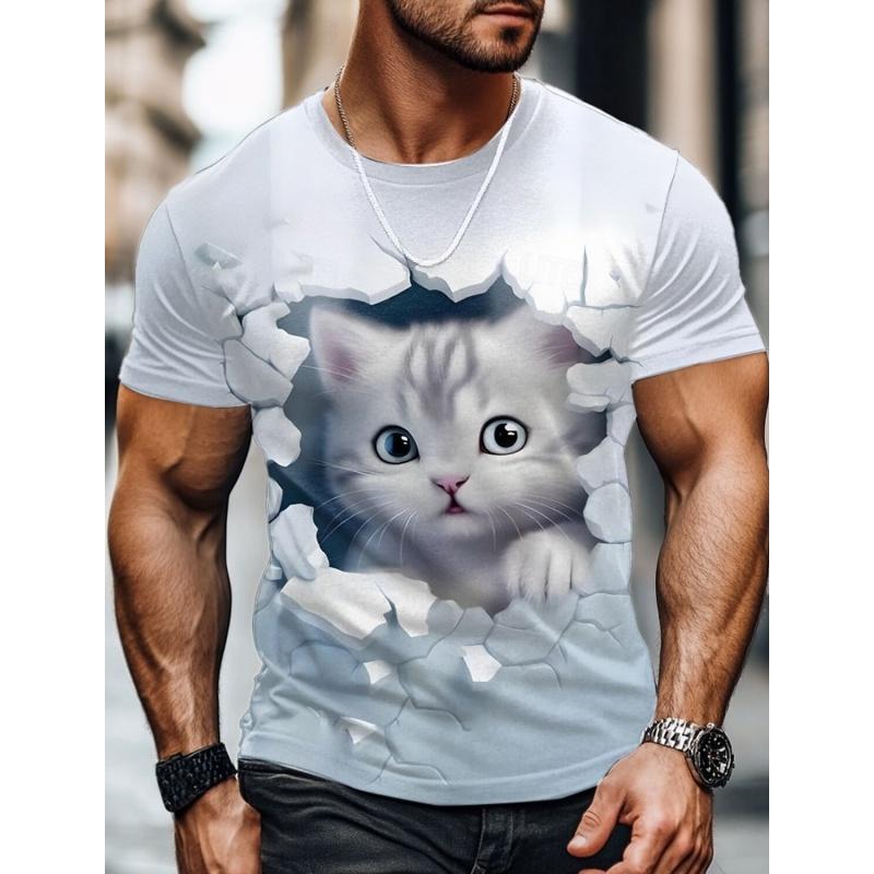 

Летний топ с круглым вырезом и принтом 3D Cat, модные повседневные футболки с короткими рукавами для мужчин XS