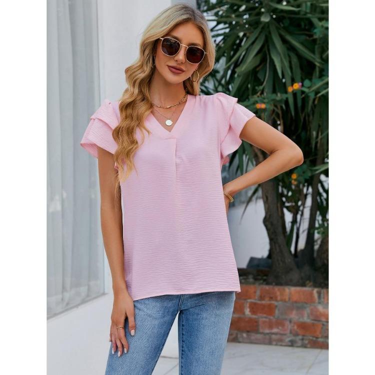 Summer V Neck Ruffle Chiffon Blouse Women Short Sleeve Office Casual Top Shirts