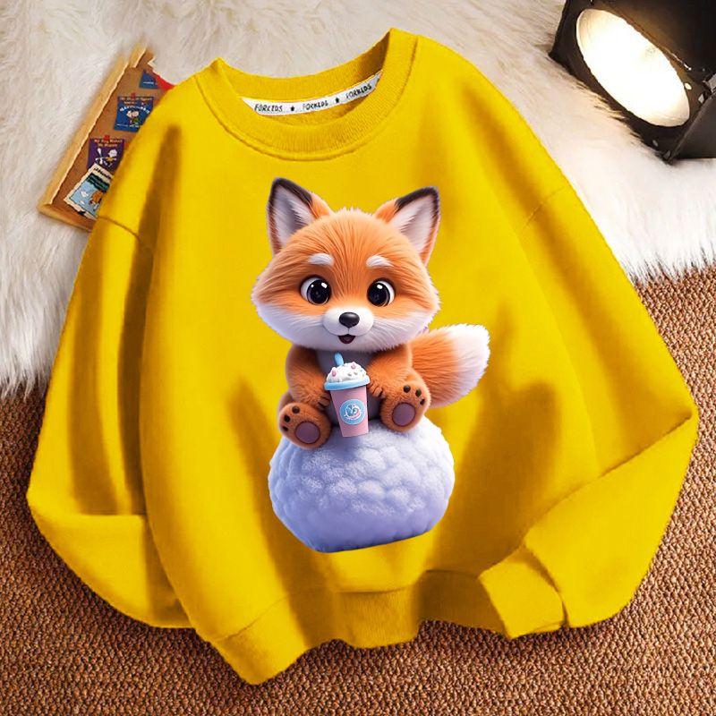 Cute Milk Tea Little Fox Round-neck Hoodie for Children, Fashionable Long-sleeved Casual Hoodie for Boys and Girls in Spring and Autumn