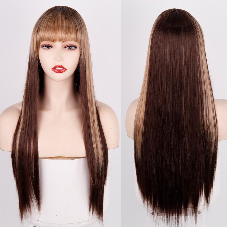 XINRAN Lange gerade weinrote Perücke mit Pony, synthetische Perücken für Frauen, hitzebeständiges Naturhaar für die tägliche Halloween-Cosplay-Party