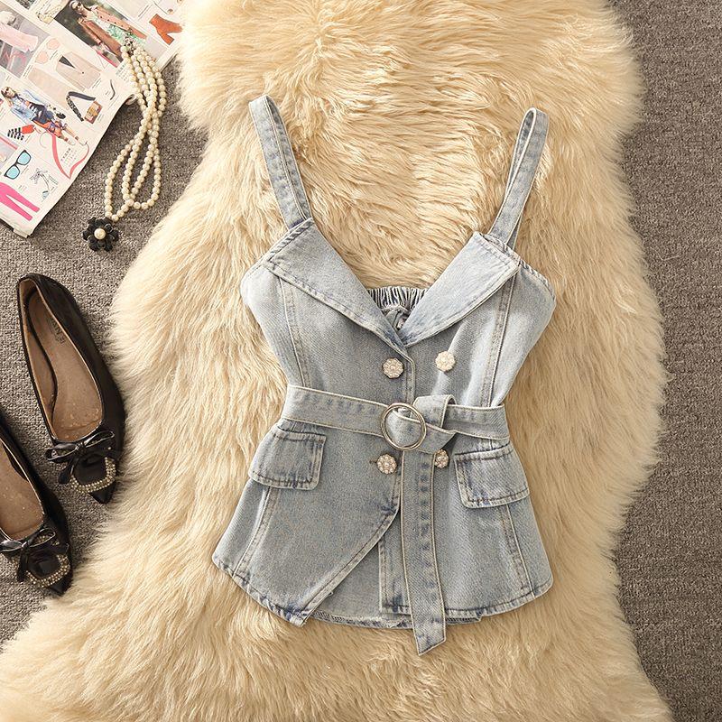 

Denim Vest Women s Spring and Autumn New Arrival K-style Slim Fit Waist-Controlled Slimming Sling Vest Outer Wear Sleeveless Tops Fashion Blue XL