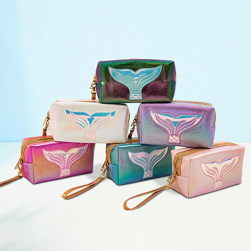 Syreni Ogon Kosmetyczka Laserowy Kolor Podróżna Kosmetyczka Organizer z Paskiem na Nadgarstek Śliczna Kreatywna Laserowa Saszetka Podróżna Pu Dla Dziewcząt