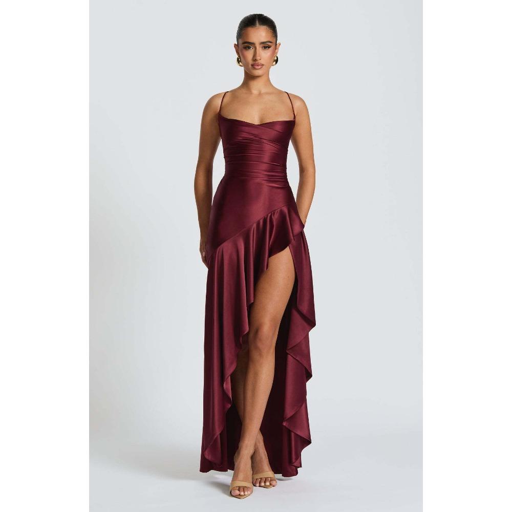 Abito Maxi da Donna Senza Maniche con Scollo a Cappuccio Vestibilità Aderente Vita Alta Sexy in Raso con Spacco Alto Abito con Volant