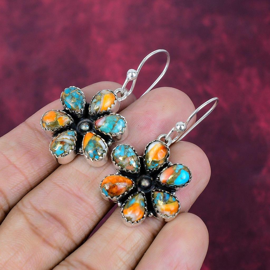 Brincos de Gema de Ostra Espinhosa Laranja Feitos à Mão, Brincos de Prata de Lei Sólida 925 Joias Antigas, Para Presente de Noivado