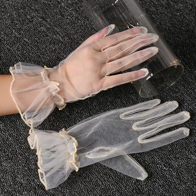 Women Wedding Gloves See-through Ultrathin Shirring Ruffle Lace Full Fingers Prom Ball Cocktail Stage Performance Bride Gloves