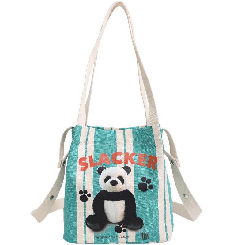 

2025 Spring New Printed Canvas Bag Student Bag Niche Design Cute Illustration Bucket Bag Striped Shoulder Bag