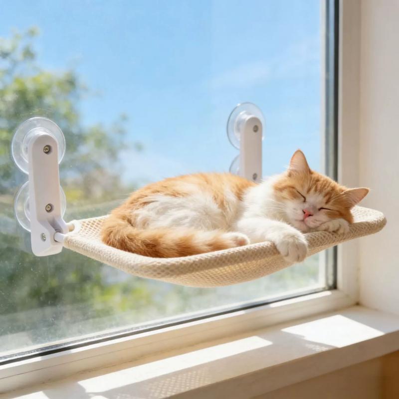 Foldable Cat Window Perch Cordless Cat Hammock Strong Suction Cups Breathable Scratch Resistant Cat Bed Sturdy Steel Frame