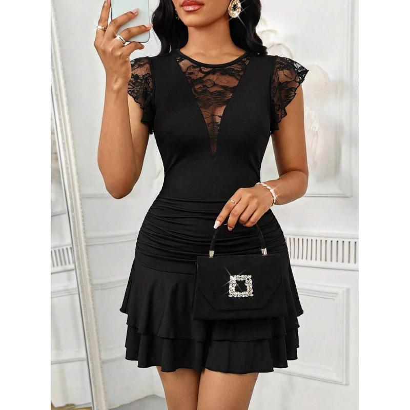 European summer new elegant temperament splicing lace round neck small flying sleeves short dress women S чёрный