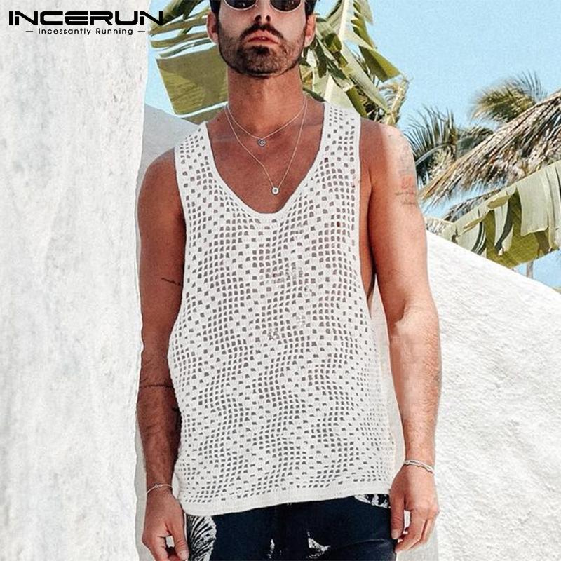 

INCERUN Увидеть сквозь пляжные топы Мужчины Летняя одежда Без рукавов Жилеты