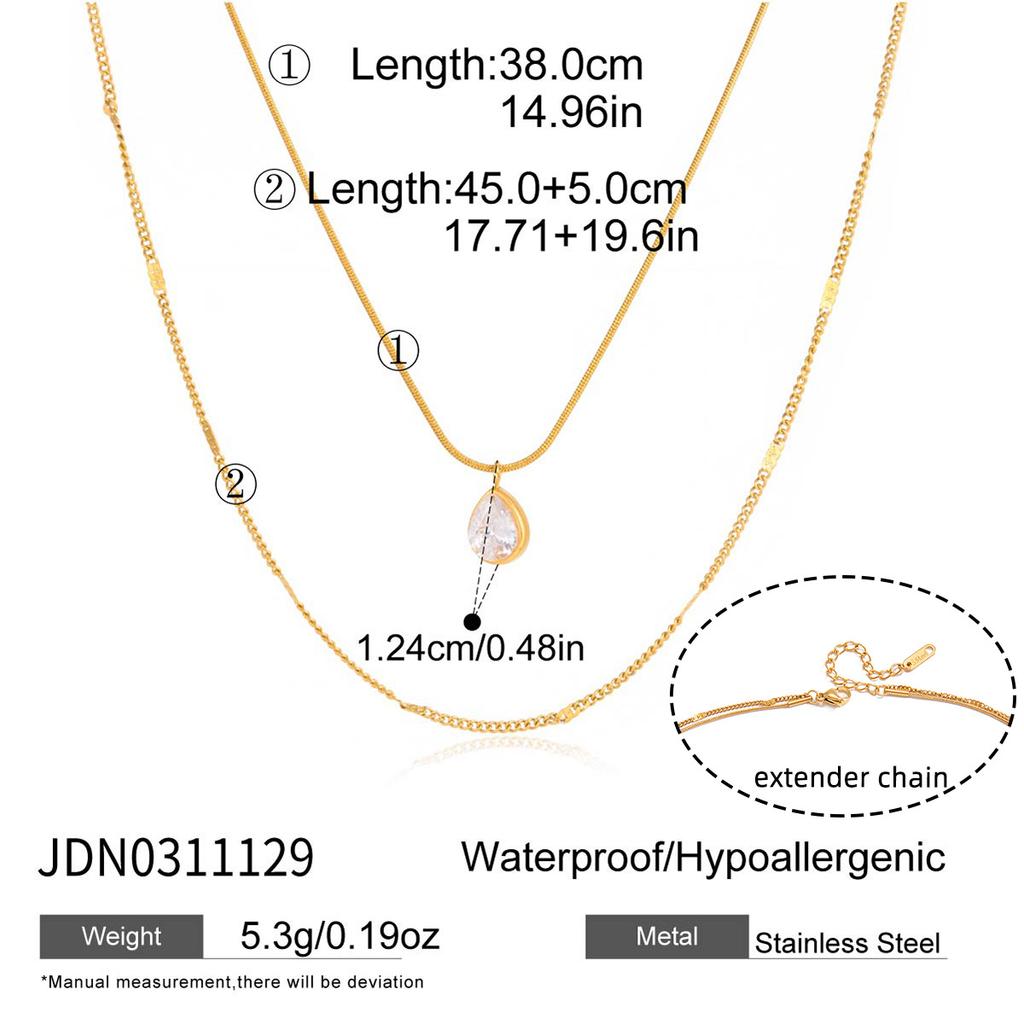 Stylish Versatile Gold Plated Stainless Steel Zircon Water Drop Pendant Necklace Link Chain Multi-layer Stackable Charm Necklace