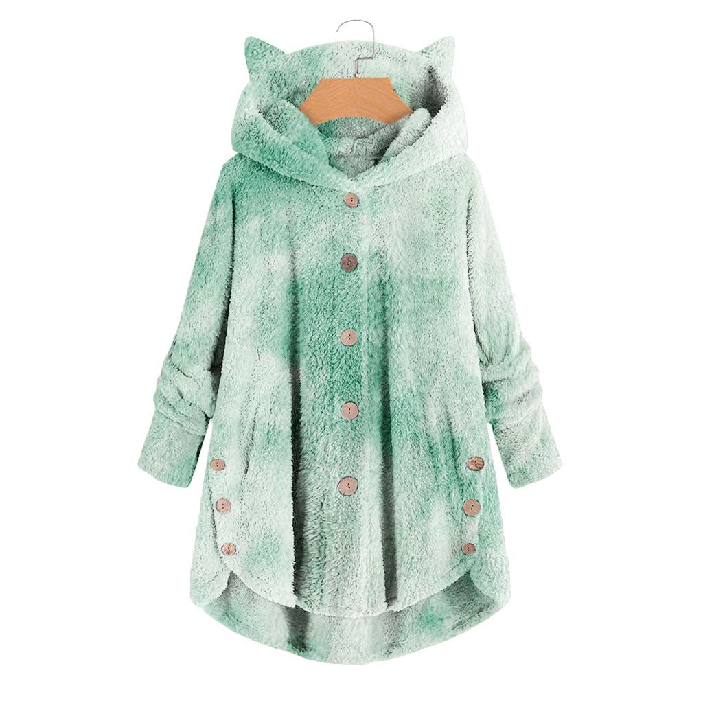 Women Fashion Plush Pocket Winter Tie-dyed Long Sleeve Keep Cat Ears Warm Coat