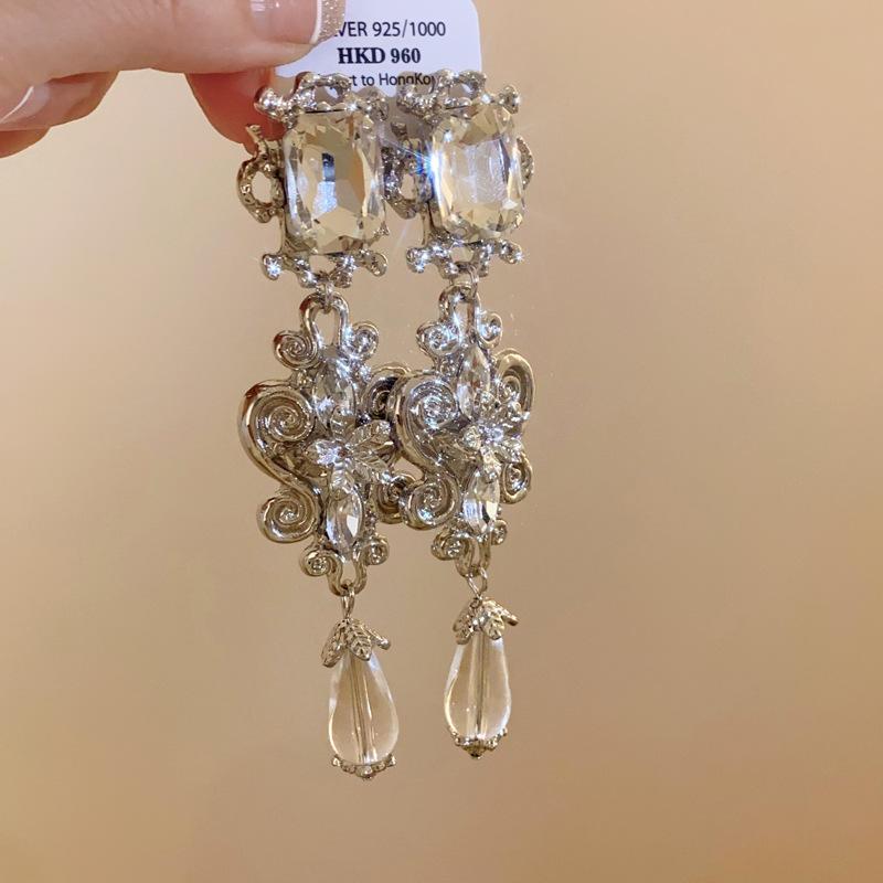 Silver Needle Diamond Flower Square Water Drop Earrings European and American Light Luxury Style Long Earrings Temperament Versatile Earrings Women