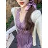 Purple Polka Dot Neck Dress Women's Spring and Summer French Vacation Style Temperament V-neck Waist and Thin Dress