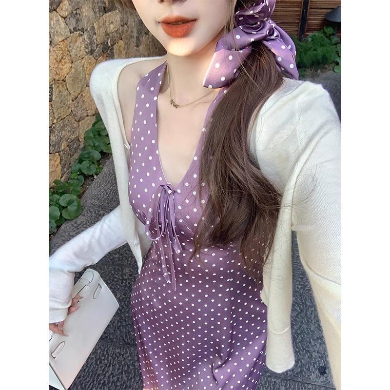 Purple Polka Dot Neck Dress Women's Spring and Summer French Vacation Style Temperament V-neck Waist and Thin Dress