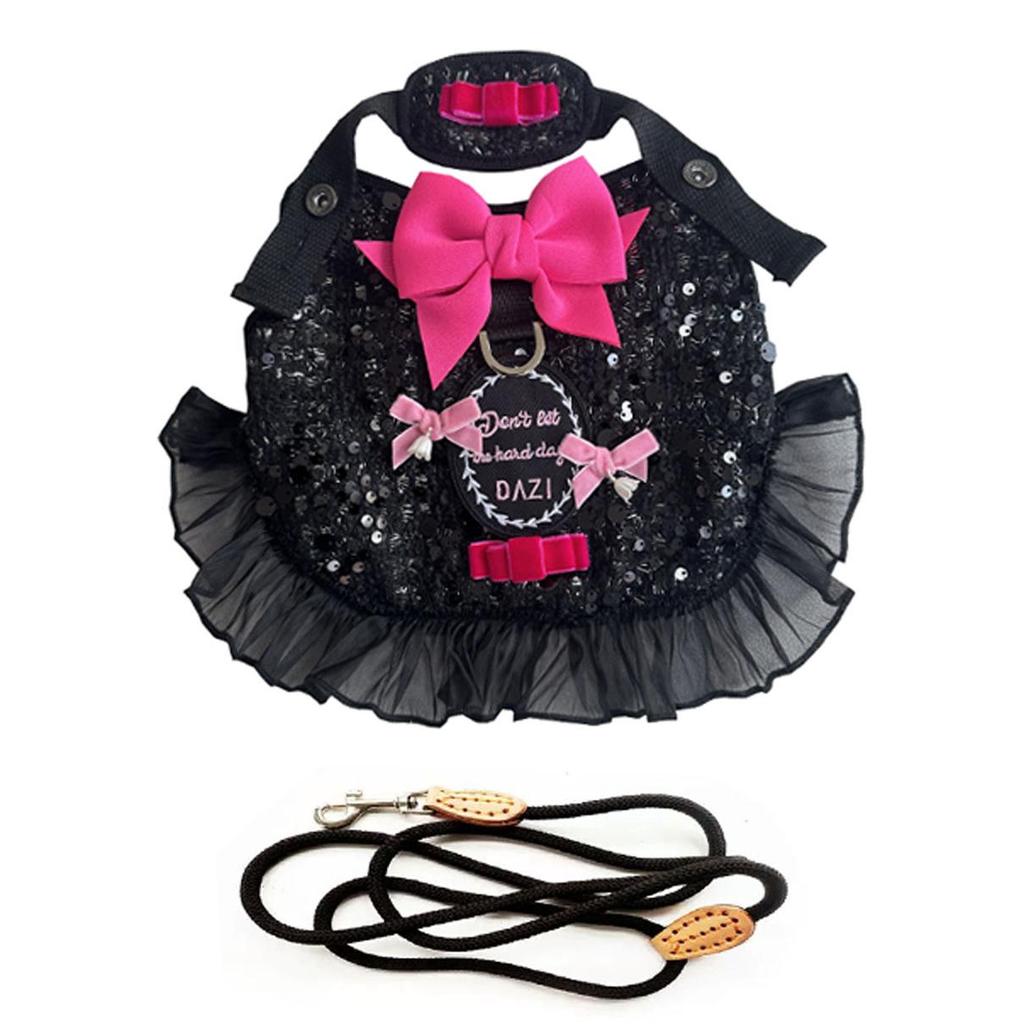 Luxury Dog Harness Leash Set Black Princess Dress with Bowknot Lace Chest Strap Puppy Walking Lead Rope for Maltese Schnauzer