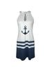 Navy Anchor Print Halter Dress with Stripes and Patchwork Sleeveless Design