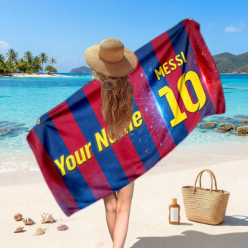 Asciugamano da Spiaggia Personalizzato Lionel Messi, Stampa Testo Nome Personalizzato, Asciugamano Morbido Asciugatura Rapida con Logo Calcio, Regalo per le Vacanze