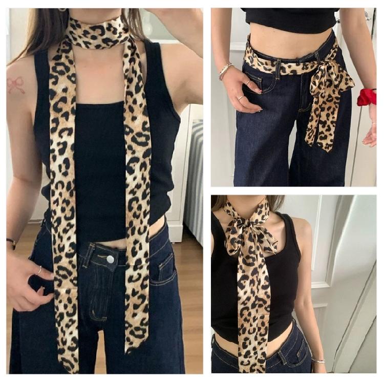 Leopard Pattern Long Neckerchief Skinny Scarf Necktie Handbag Wrap Handle Satins Belt for Wmen Bag Handle Accessory