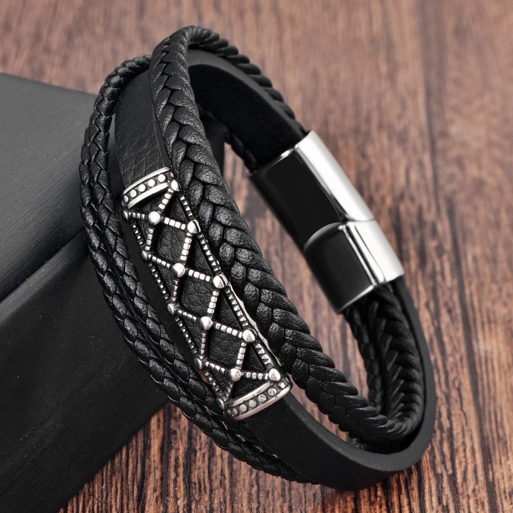 Simple Student Black Leather Rope Cowhide Men's, Woven Bracelet Handmade Multilayer Leather Bracelet