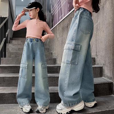 Kids Girls Cargo Demin Pants Kids Casual Wide-legged Jeans Teenagers Fashion Streetwear Baggy Trousers Children Clothes