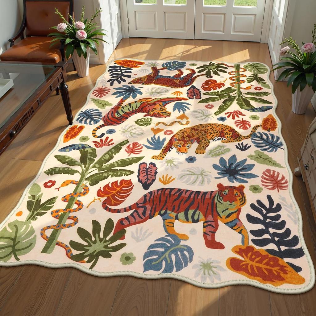American Living Room Carpet Large Machine Washable Floor Mat Dark Green Jungle Tiger Rug Retro Home Decoration Rugs for Bedroom