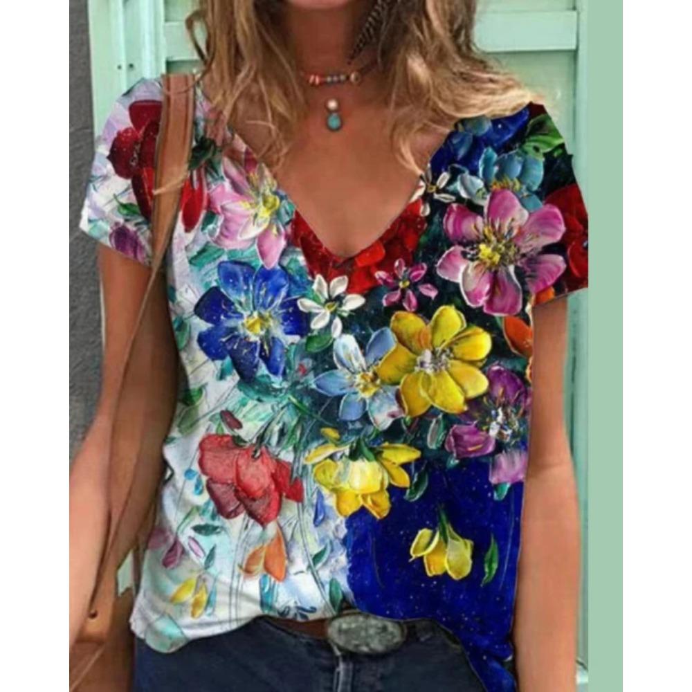 Summer New Fashion Women's T-shirt Casual Short-sleeved Harajuku 3D Printed Trendy Top V-neck Street Loose Large Size Clothes