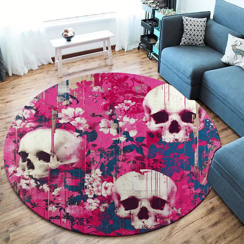 Retro Skull Round Area Rug,Carpet Rug for Living Room Bedroom Sofa Playroom Decor,Non-slip Floor Mat