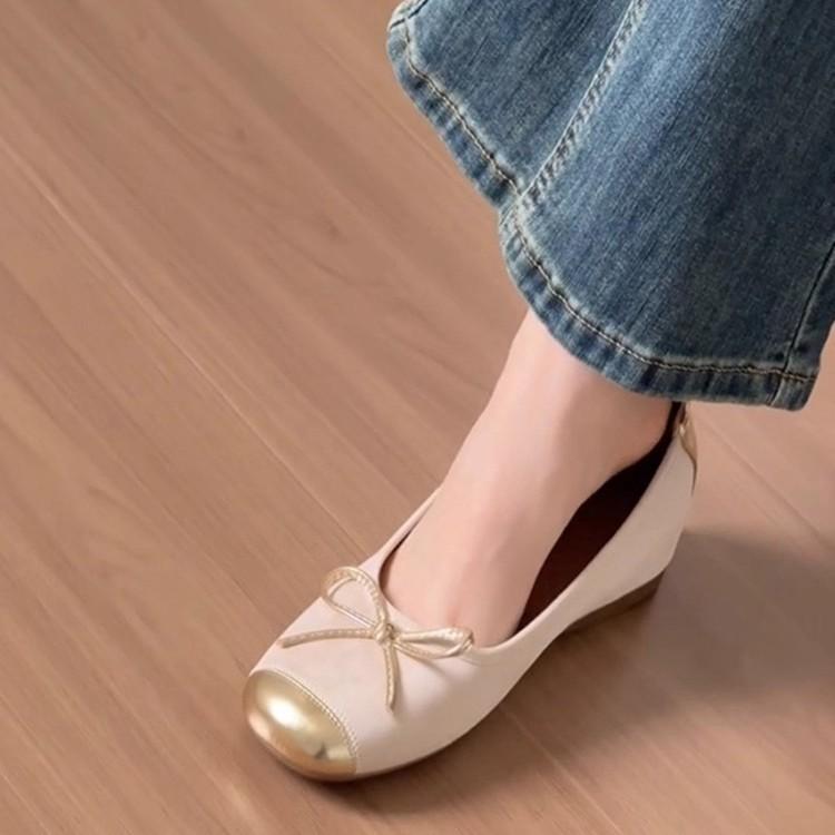 Sheepskin Version~ Genuine Leather French Flat Bottom Inner Height Increase Ballet Single Shoes Women's Bow Gentle Evening Shoes Mary Jane Shoes